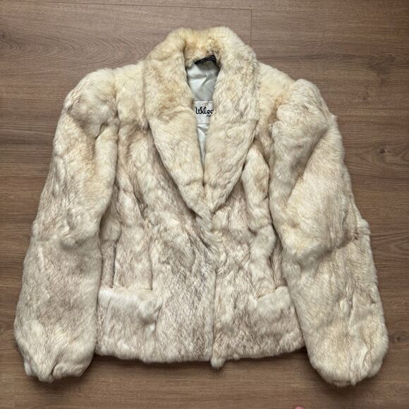 Vintage 80s Wilsons Suede & Leather Rabbit Fur Coat Jacket Womens Medium M Cream - Picture 13 of 13
